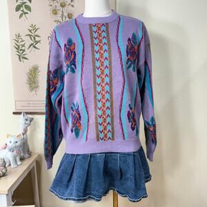 Vintage 70s 80s Floral Aztec Pullover Sweater Southwestern Western Tribal L